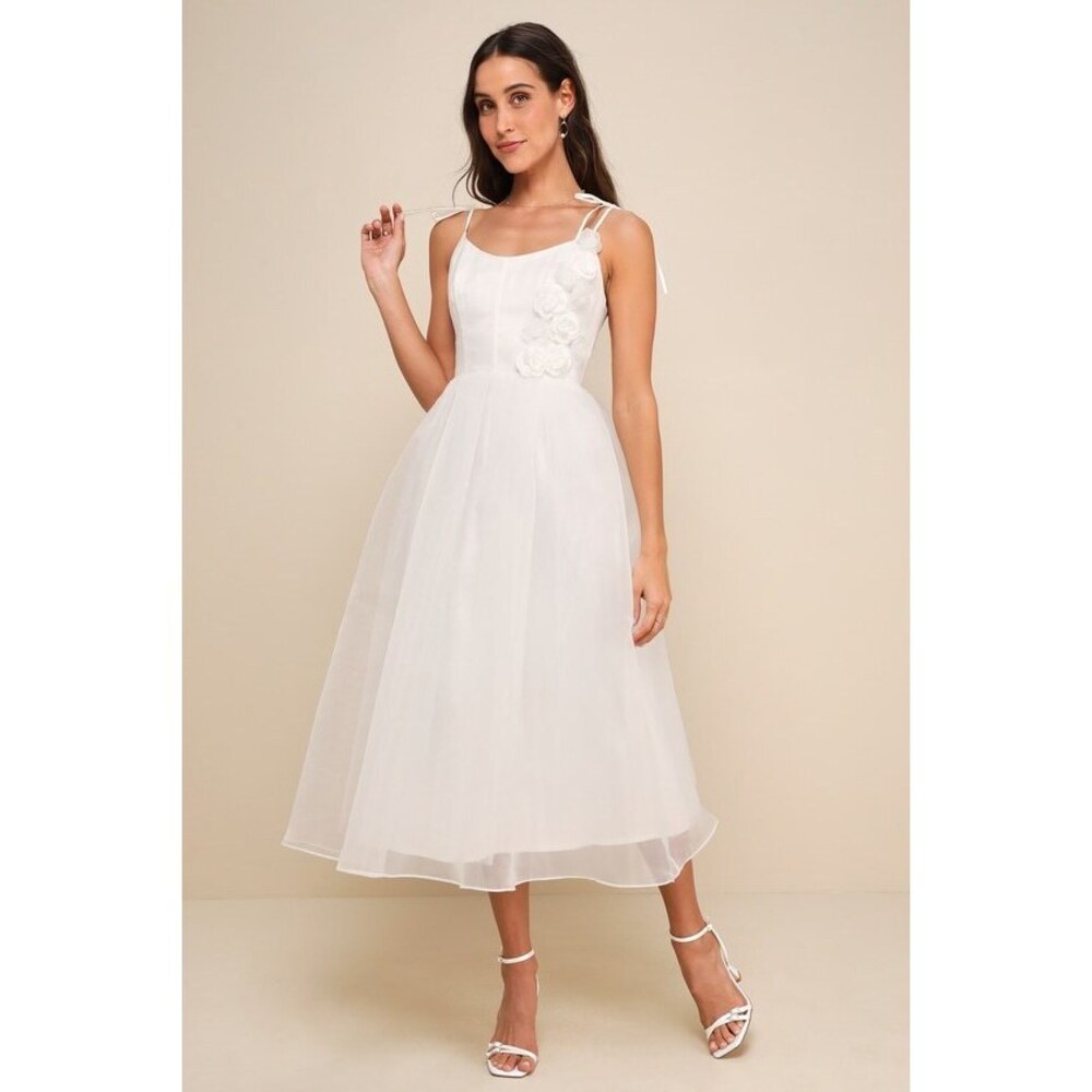 Lulus Intentionally Darling White Organza Tie-strap Rosette Midi Dress - Size S